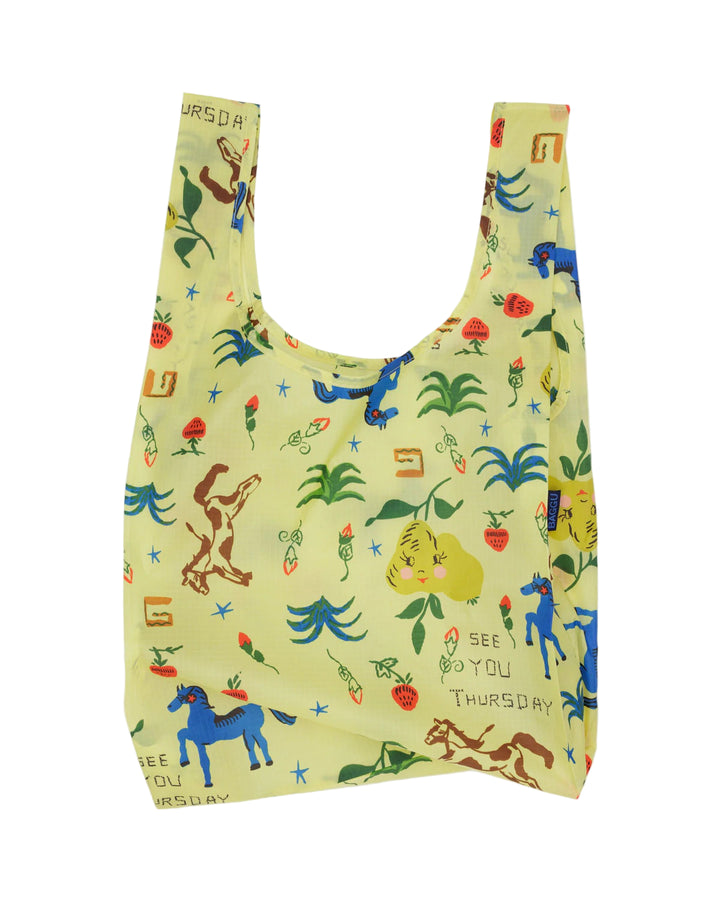 Reusable bag with colorful animal illustrations on a light green background