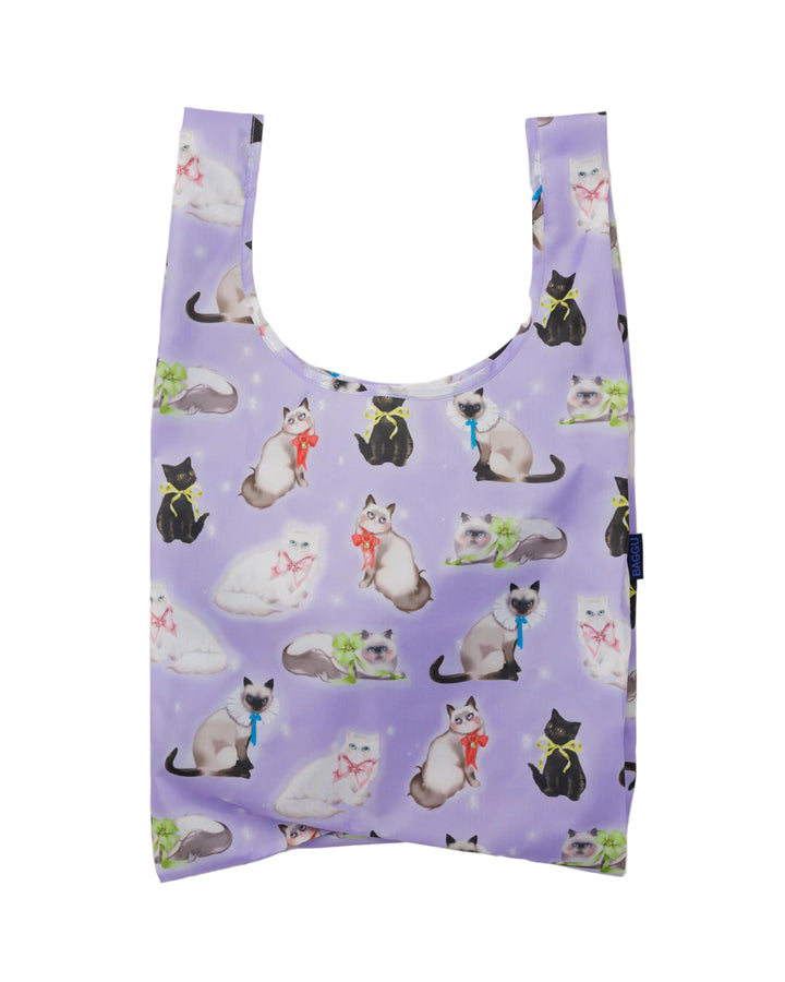 Purple reusable bag with cat pattern on a white background