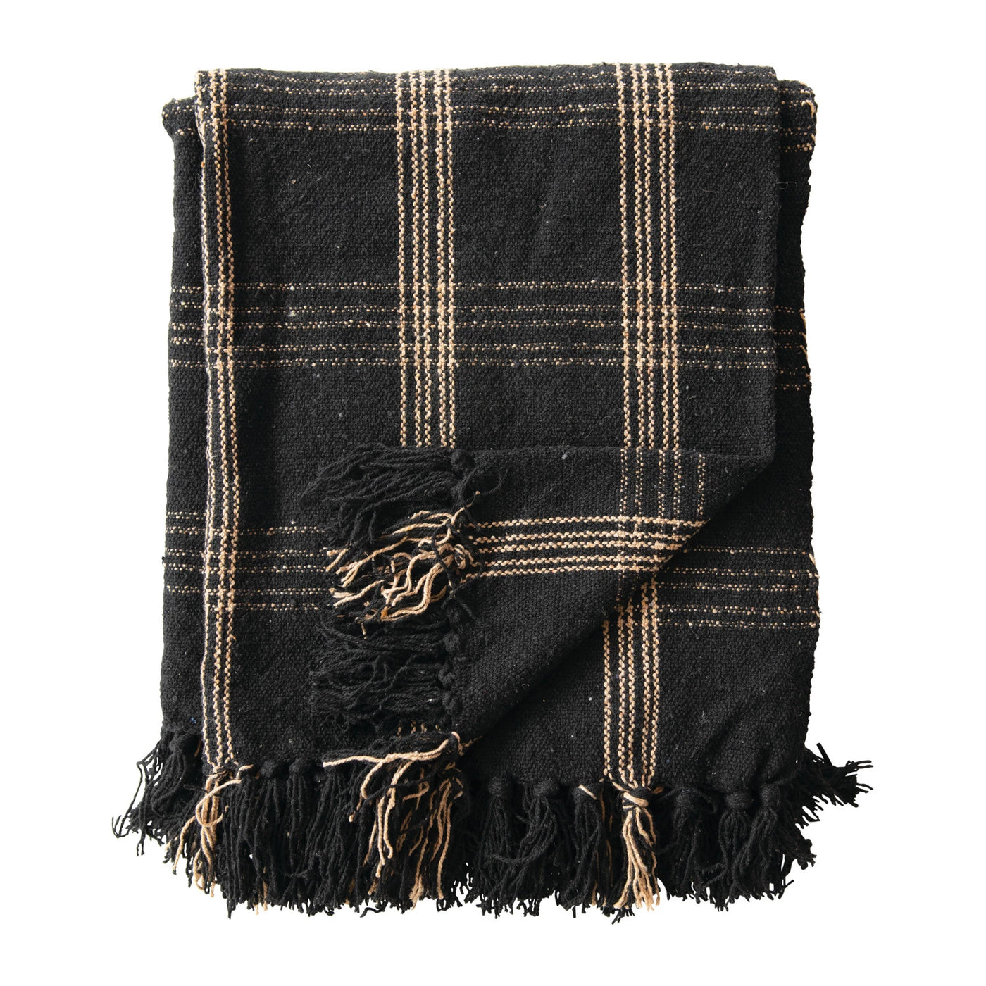 Plaid Black & Tan Fringe Woven Throw