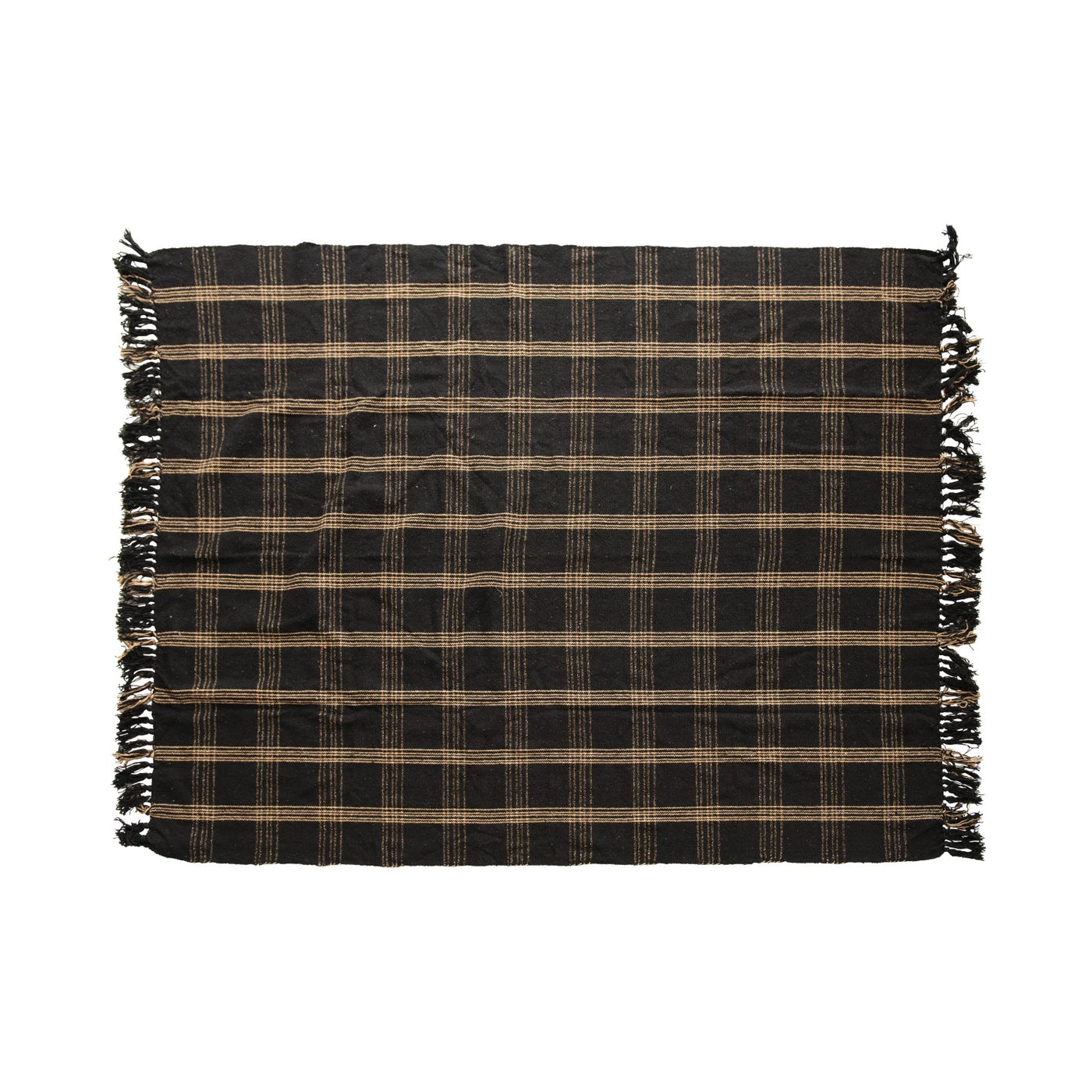 Plaid Black & Tan Fringe Woven Throw