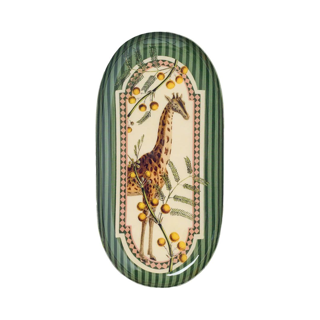 Decorative plate with a giraffe design on a green striped background