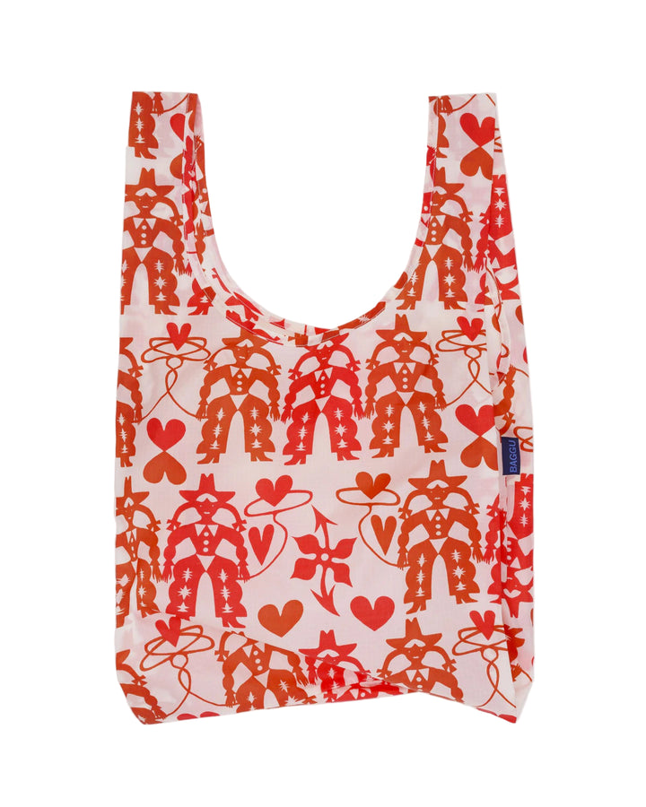 Reusable bag with red pattern on a white background