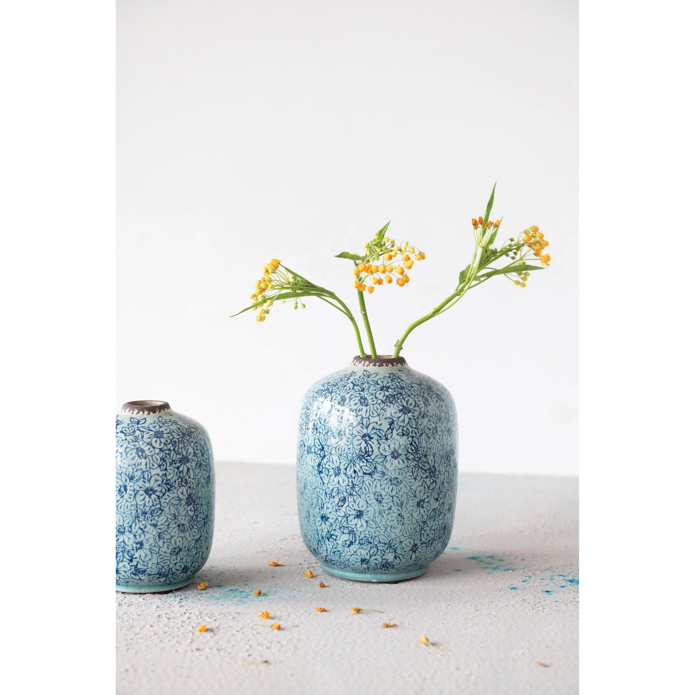 Terracotta Vase with Blue Floral Pattern