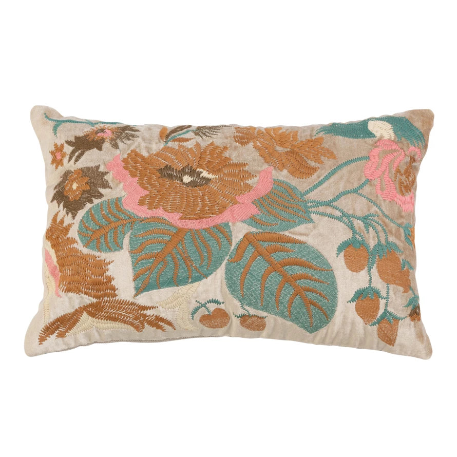 Lumbar Pillow with Floral Embroidery