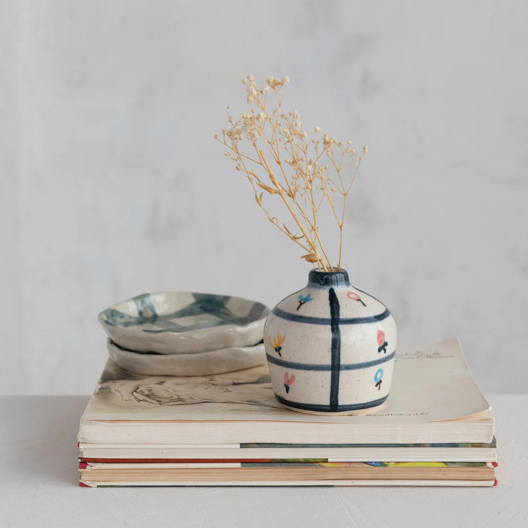 Vase w/ Grid and Floral Pattern