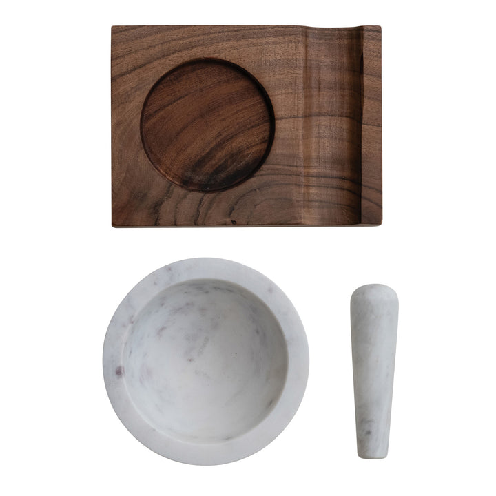 Marble Mortar & Pestle w/ Wood Base