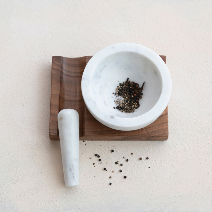 Marble Mortar & Pestle w/ Wood Base